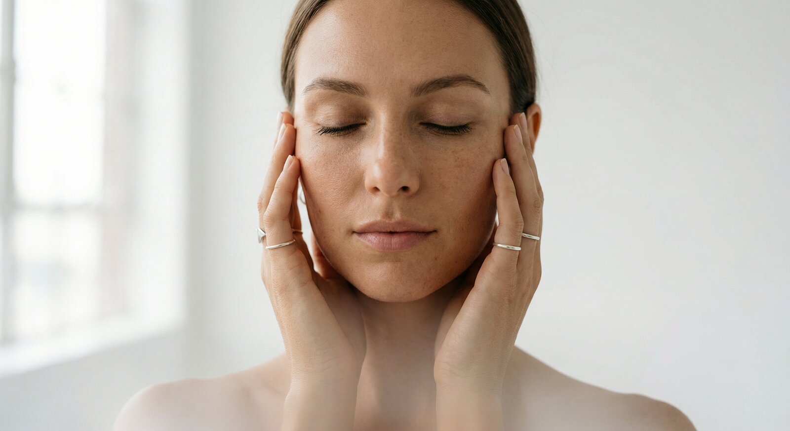 Mulher tocando as bochechas avaliando o rosto antes de bichectomia