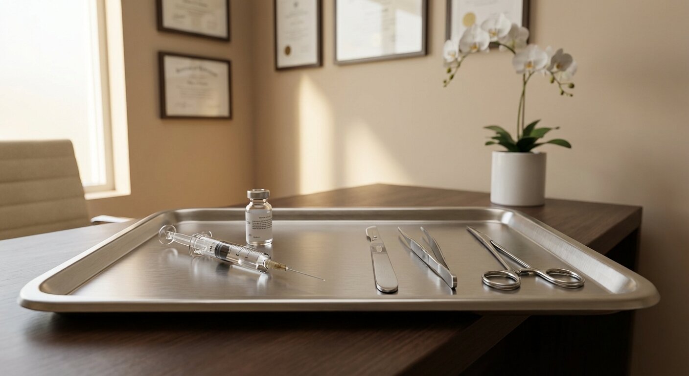 Bandeja com seringa de preenchimento facial e instrumentos cirúrgicos para lifting em consultório médico