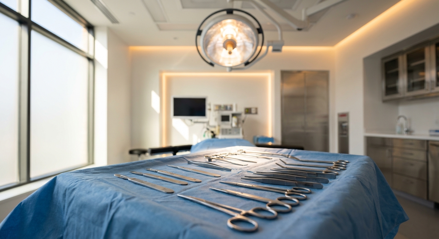 Instrumentos cirúrgicos organizados em centro cirúrgico para técnicas de ninfoplastia