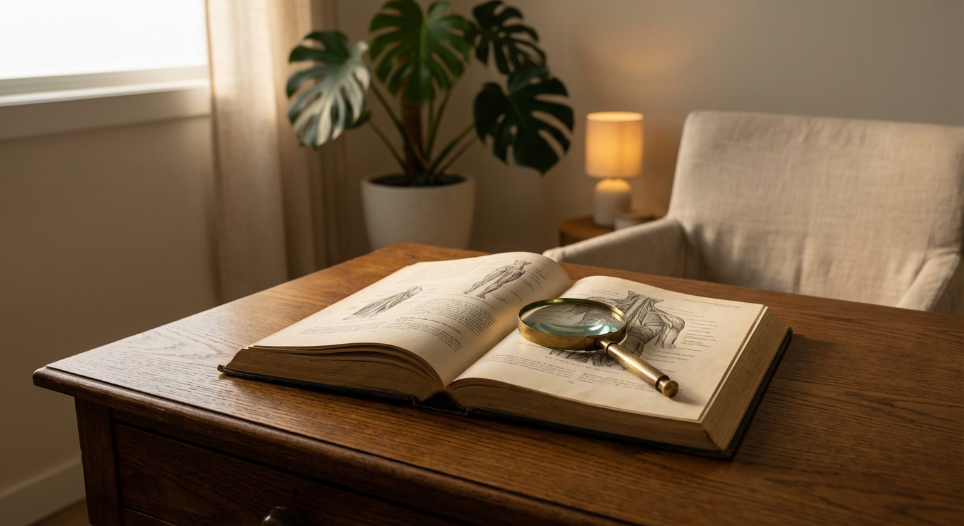 Livro de anatomia aberto com lupa, investigando mitos e verdades sobre ninfoplastia