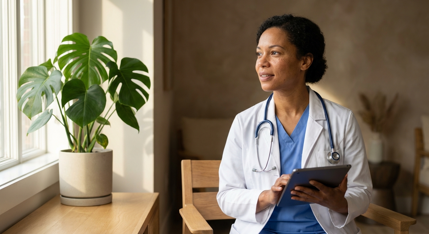 Cirurgiã plástica com tablet no consultório, qualificada para realizar ninfoplastia