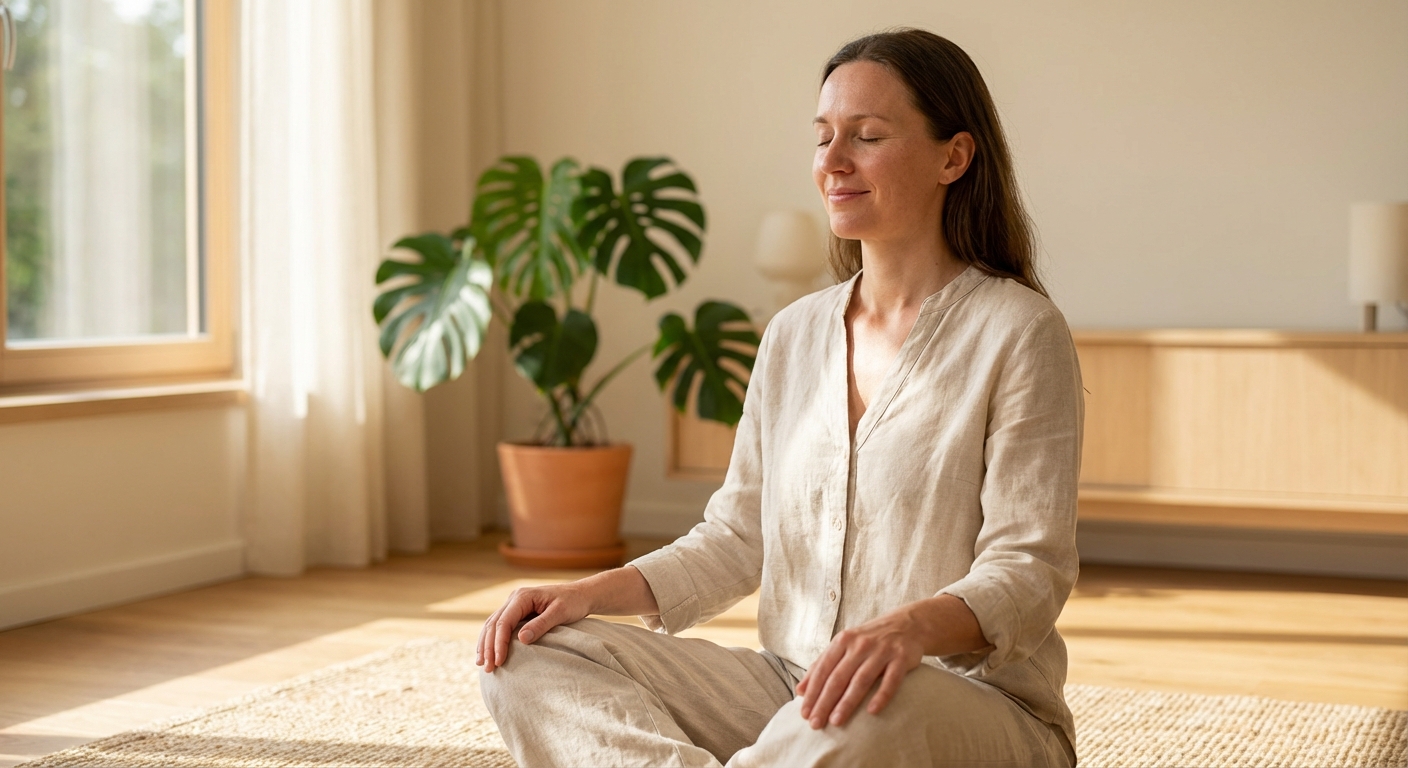 Mulher meditando em ambiente tranquilo como preparação emocional para ninfoplastia