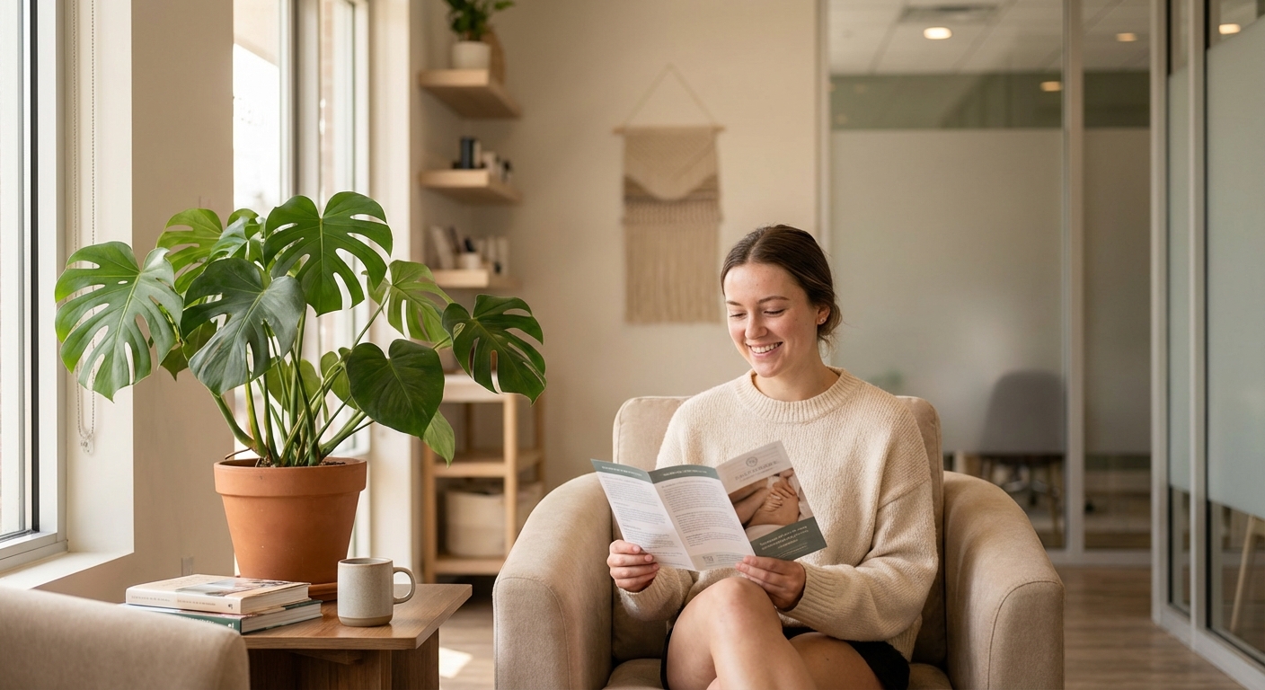 Jovem sorrindo ao ler folheto informativo sobre ninfoplastia em sala de espera da clínica