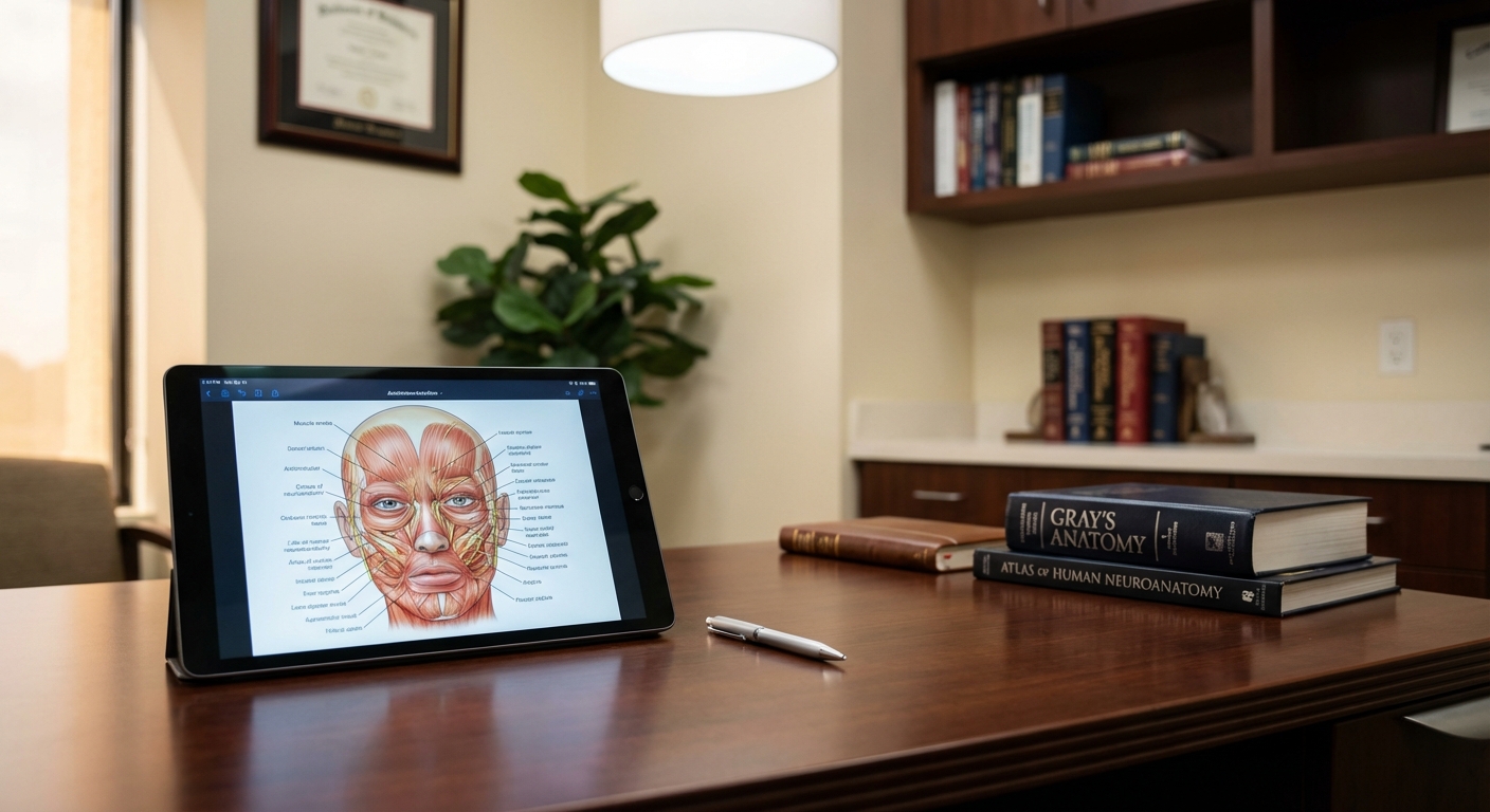 Tablet com anatomia facial e livros médicos usados no planejamento de lifting Deep Plane