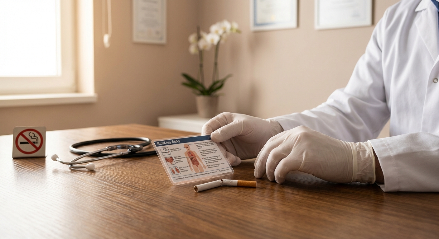 Médico explicando riscos do tabagismo para pacientes de lifting facial com cartão informativo e cigarro na mesa