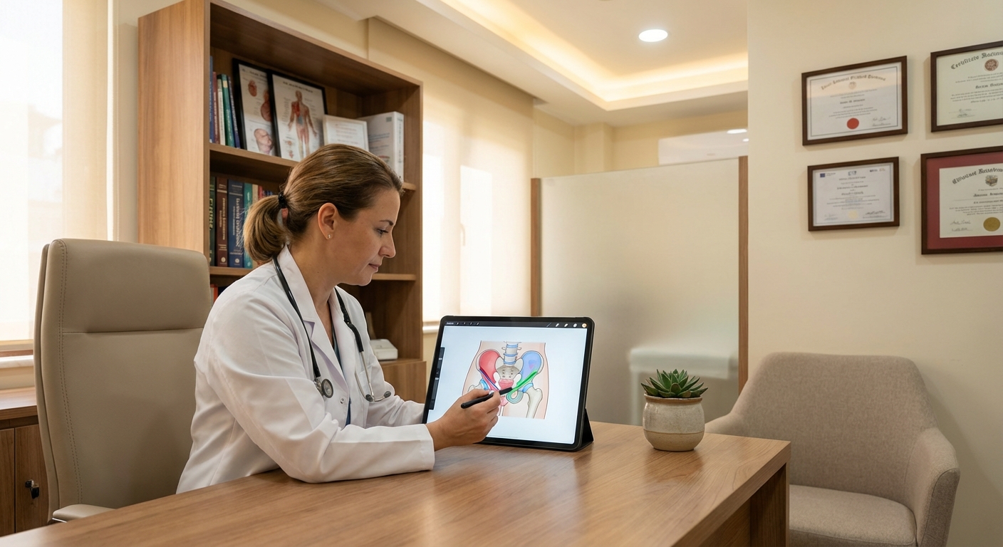 Médica explicando anatomia pélvica em tablet durante consulta sobre ninfoplastia combinada