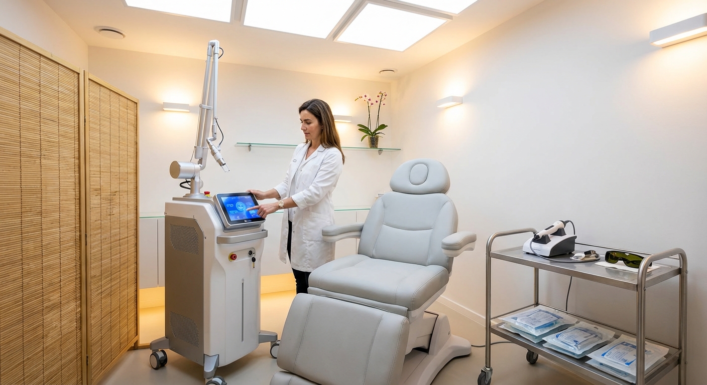 Médica operando equipamento a laser como alternativa não cirúrgica à ninfoplastia