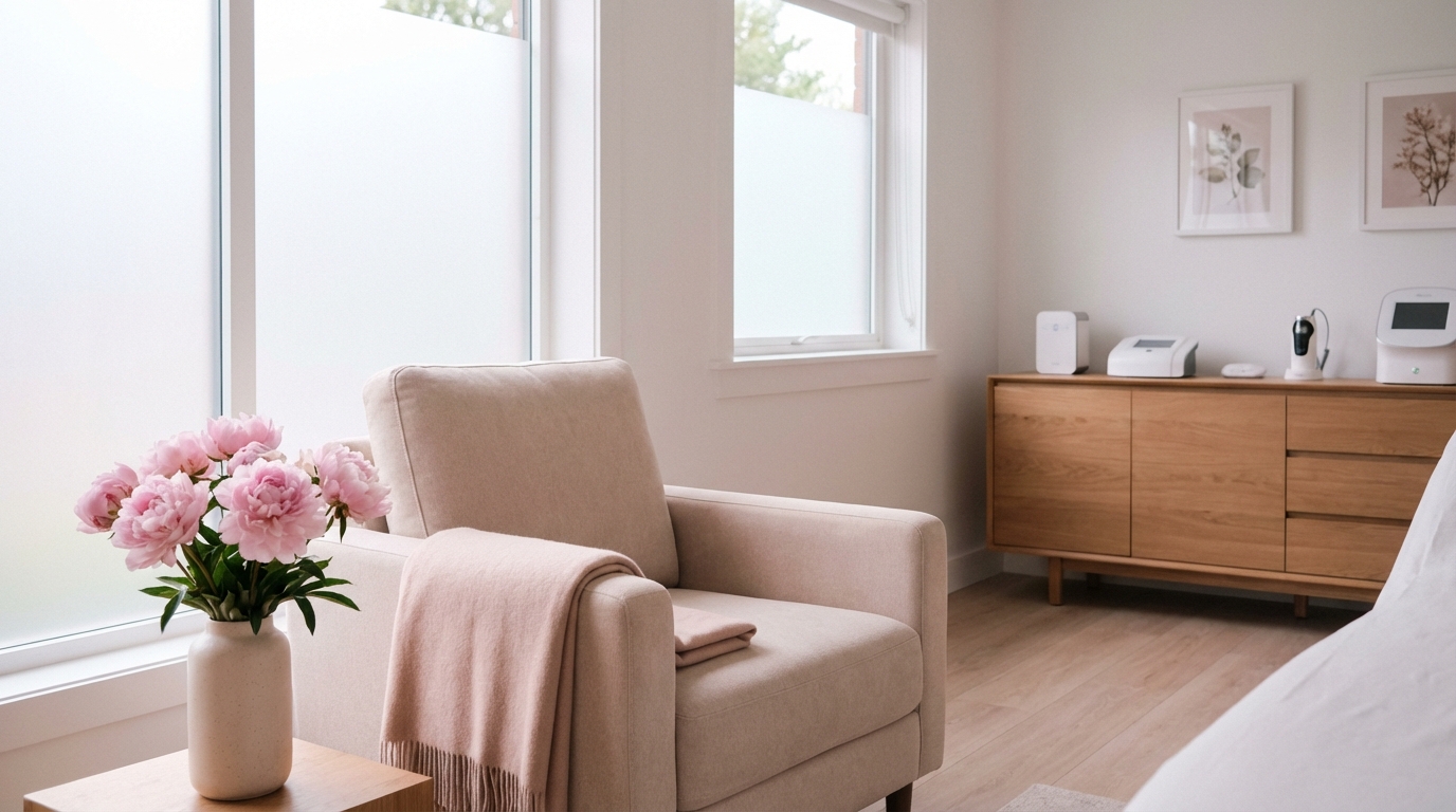 Sala de recuperação acolhedora preparada para pós-operatório de ninfoplastia em clínica de cirurgia plástica