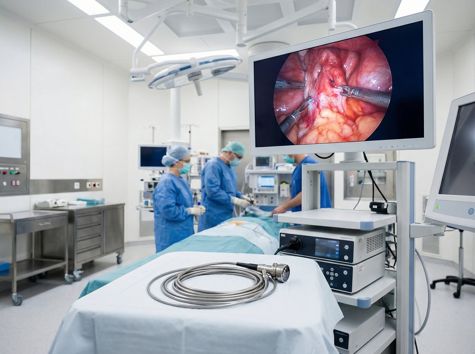 Equipe médica em centro cirúrgico com endoscópio utilizado no brow lift endoscópico