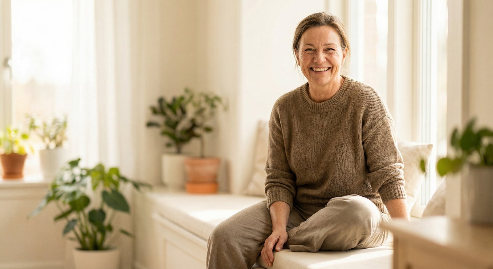 Mulher feliz sentada em casa após decidir realizar cirurgia íntima feminina