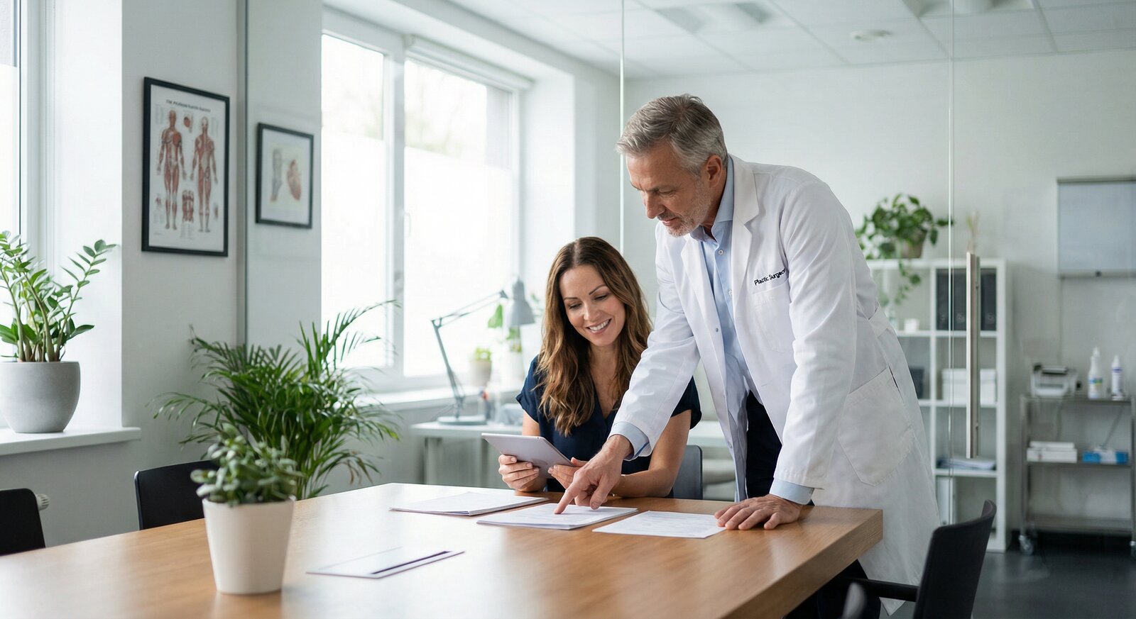 Paciente e cirurgião plástico analisando documentos durante consulta de avaliação em Londrina