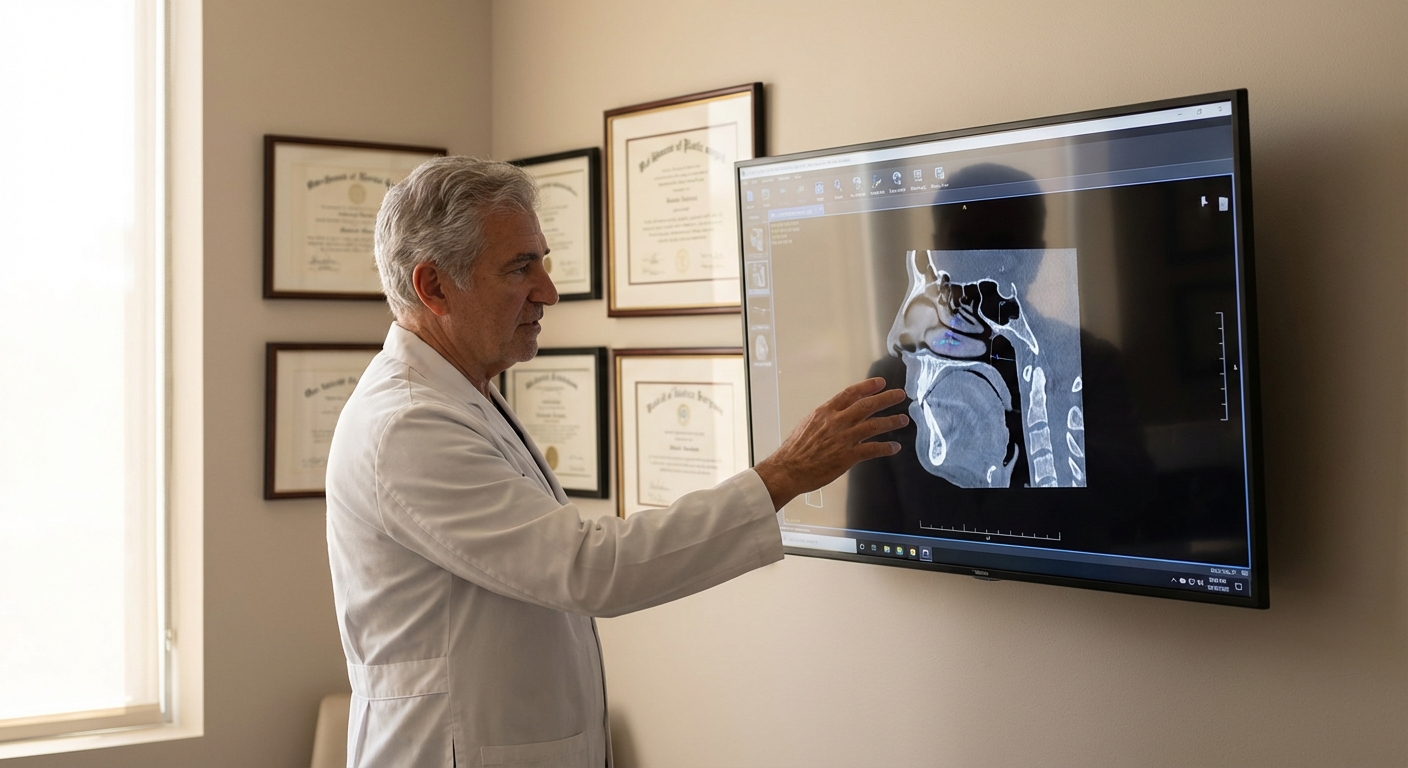 Cirurgião plástico experiente analisando tomografia nasal para planejamento de rinoplastia