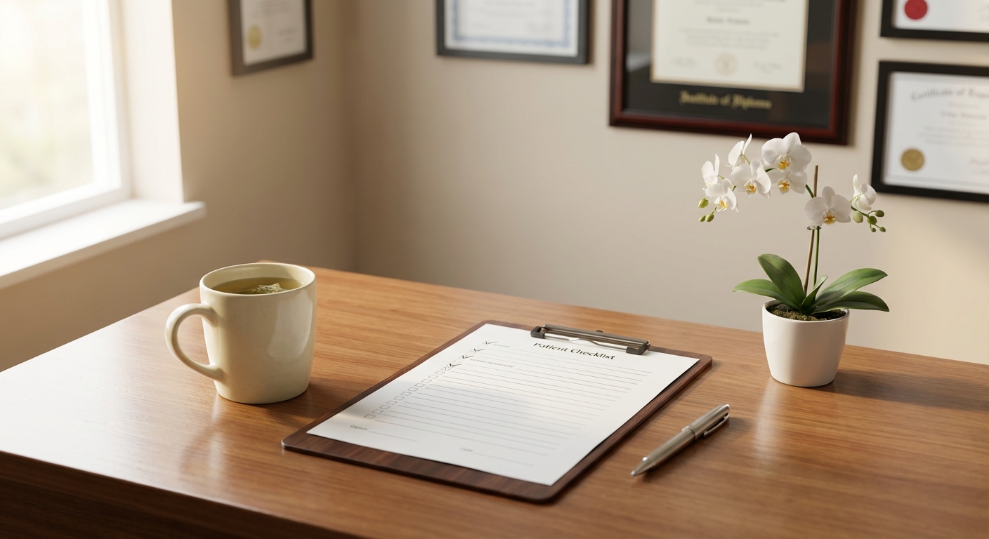 Checklist de preparação para lifting facial sobre mesa de consultório com diplomas ao fundo