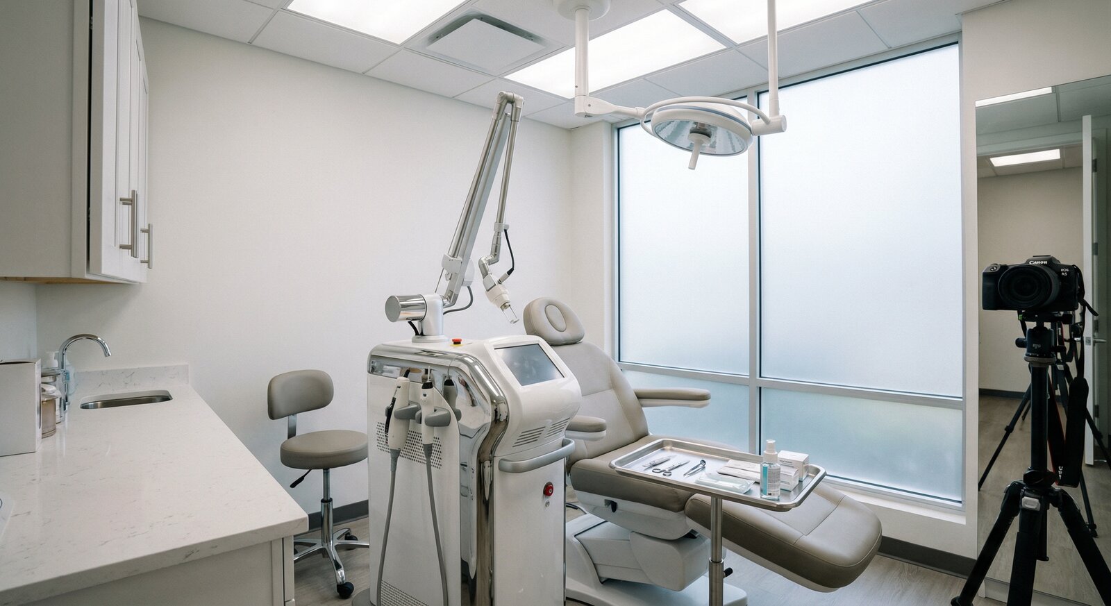 Sala de procedimentos dermatológicos com equipamento a laser para resurfacing facial