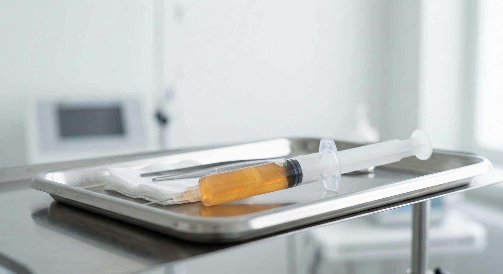 Seringa com gordura preparada para enxerto facial em bandeja cirúrgica estéril