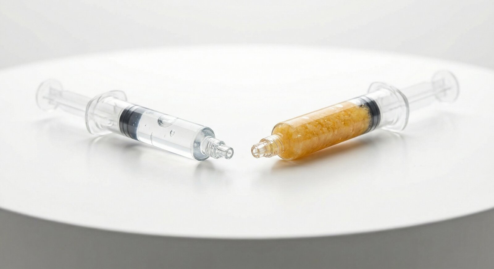 Seringa de preenchedor e seringa de gordura lado a lado comparando as duas técnicas