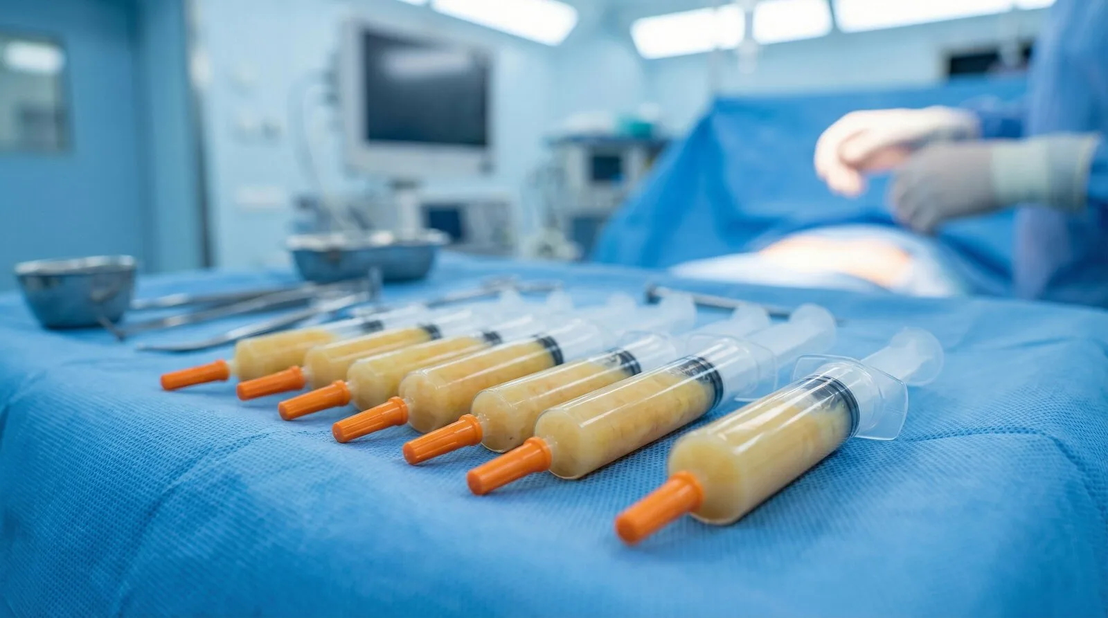 Seringas de gordura preparadas para fat grafting facial em campo cirúrgico