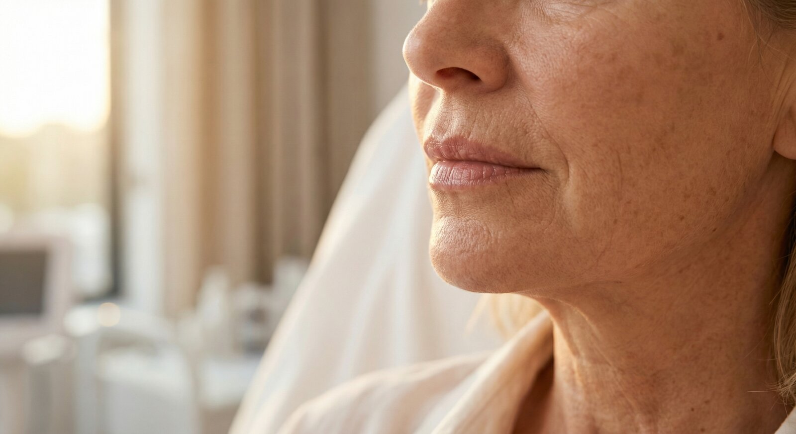 Detalhe do lábio superior com sinais de envelhecimento e perda de volume labial