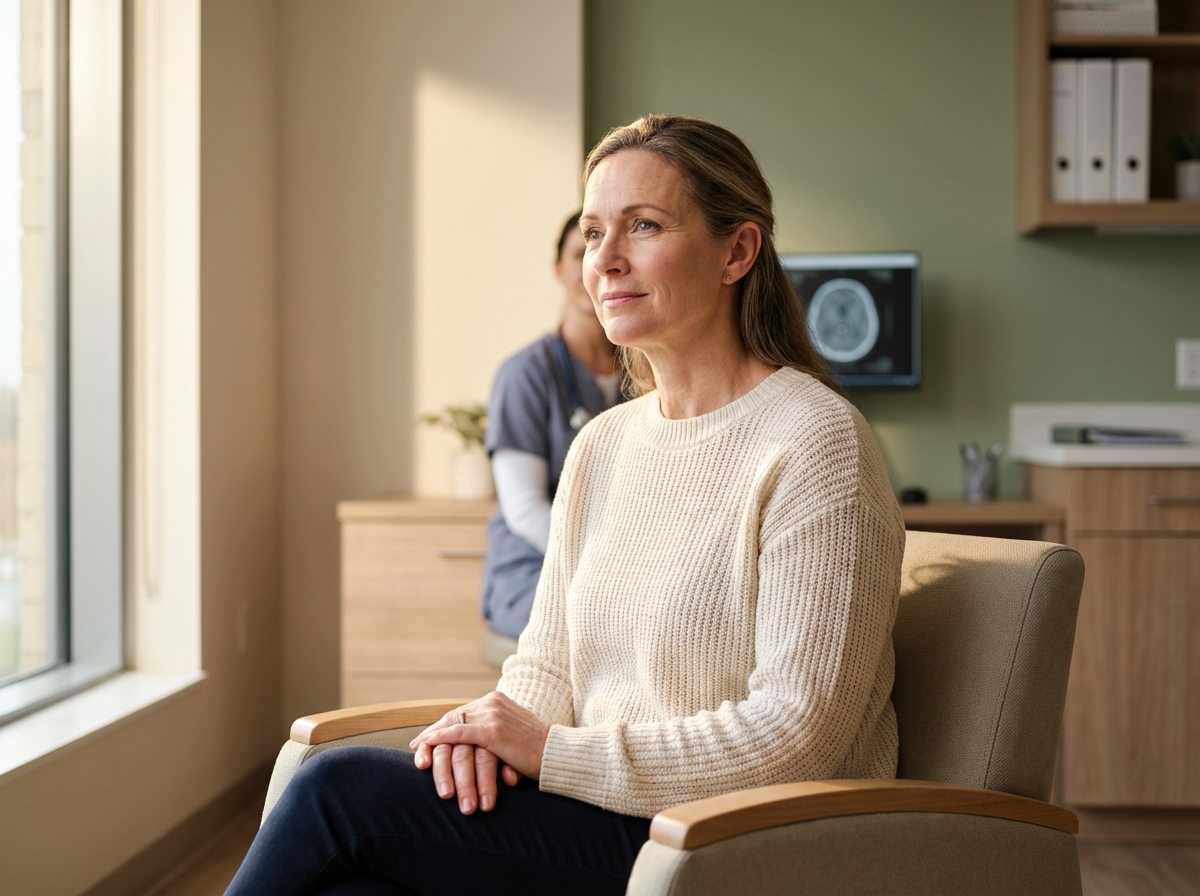 Mulher reflexiva na sala de espera antes da consulta de rinoplastia, representando o lado emocional da decisão