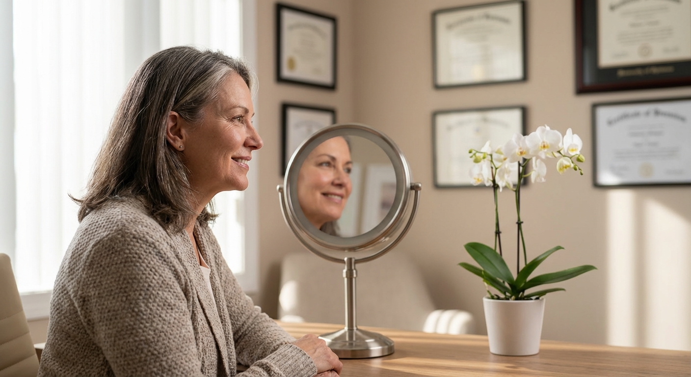 Mulher sorrindo ao se olhar no espelho após lifting facial, refletindo o impacto positivo na autoestima