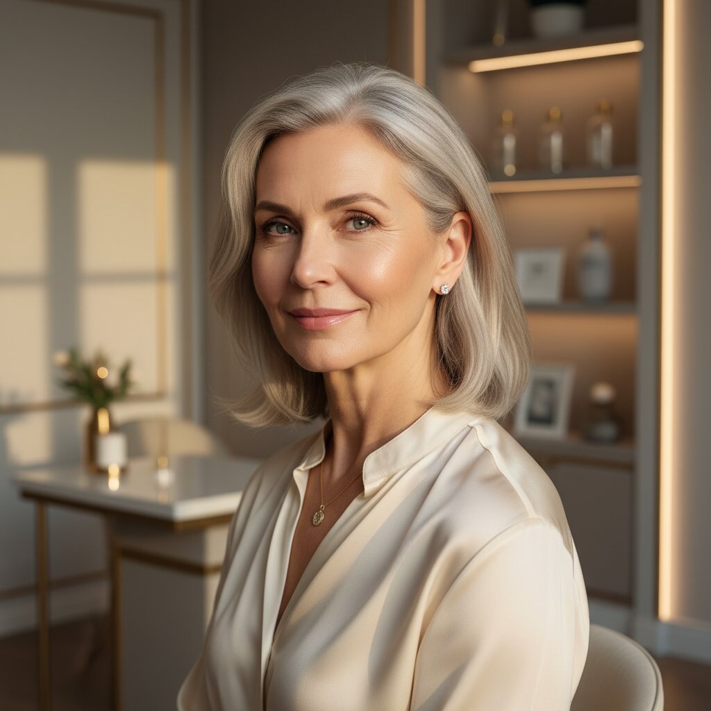 Mulher elegante de cabelos grisalhos sorrindo após lifting facial realizado por cirurgião plástico em Londrina