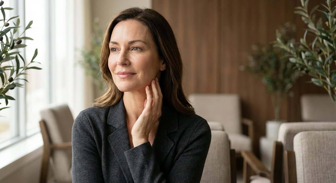 Mulher madura tocando o rosto preocupada com flacidez facial causada por emagrecimento e Ozempic Face