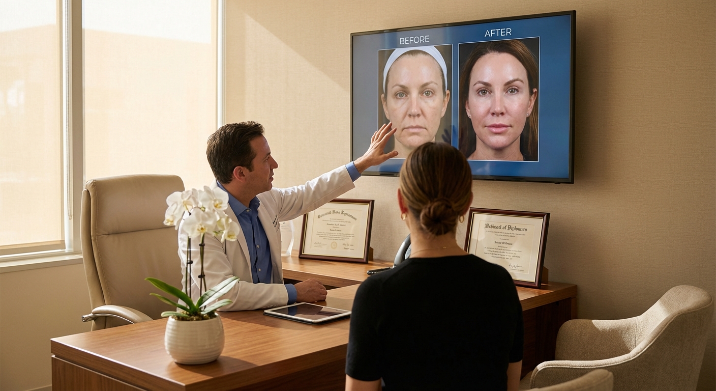 Cirurgião plástico mostrando resultado antes e depois de lifting facial combinado com outros procedimentos