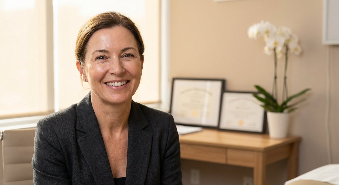 Mulher com resultado natural de lifting facial sorrindo em consultório do Dr. Walter Zamarian Jr.