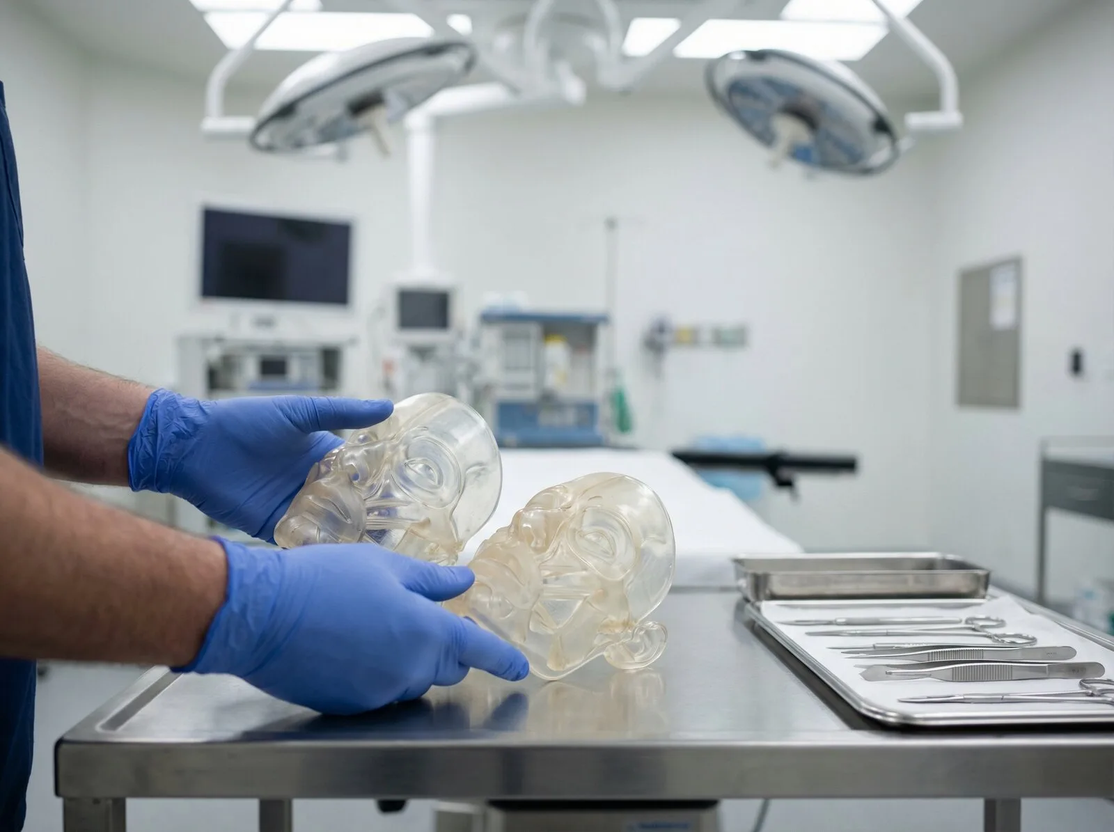 Modelos anatômicos faciais em centro cirúrgico para planejamento de lifting facial secundário