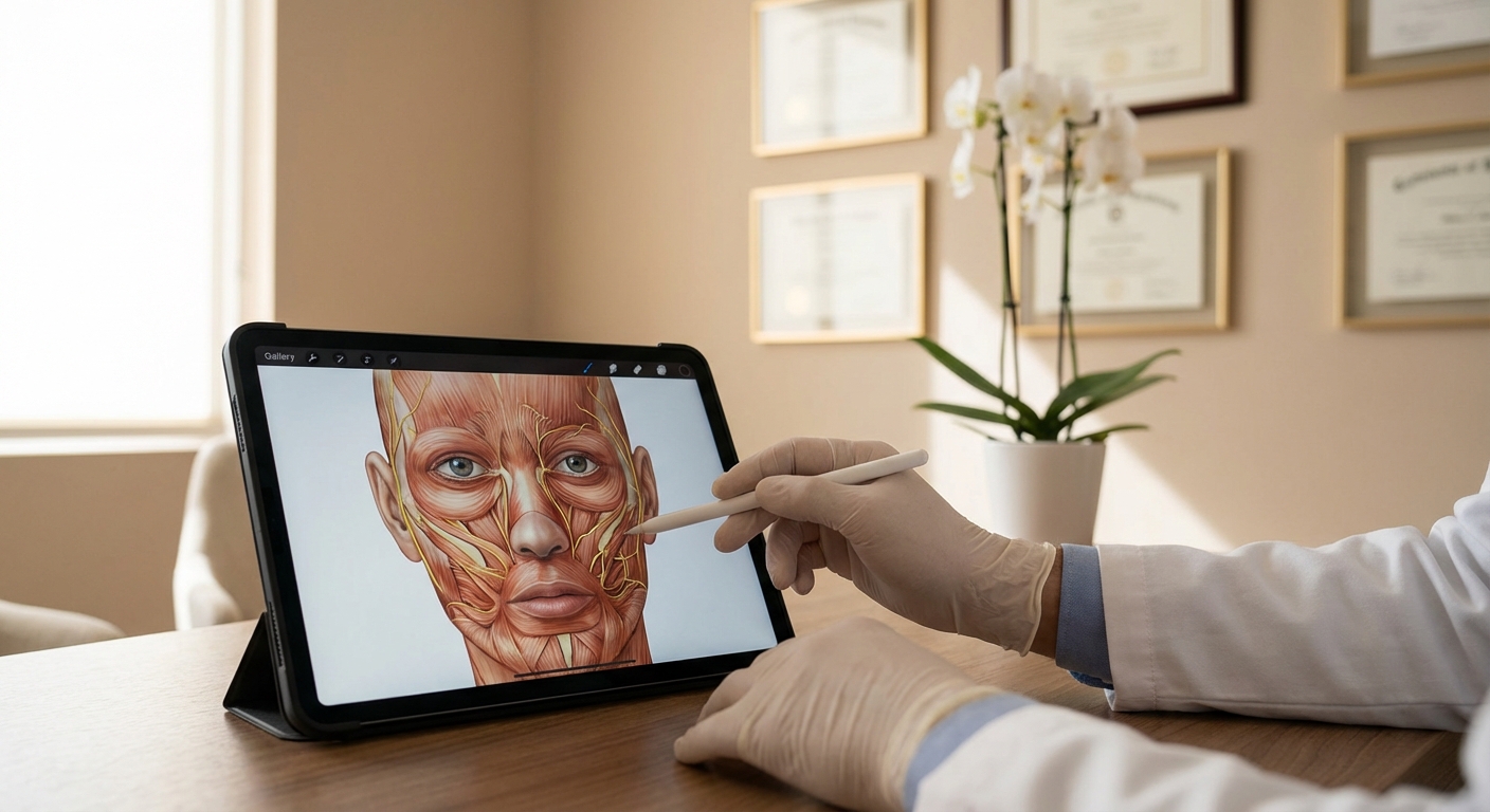 Cirurgião analisando anatomia facial em tablet para planejar lifting facial versus fios de sustentação PDO