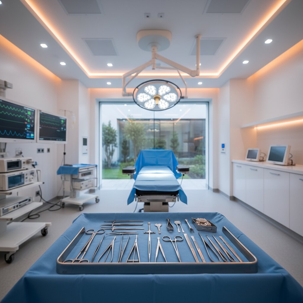 Centro cirúrgico equipado com instrumentos e monitores para cirurgia de lifting facial Deep Plane segura