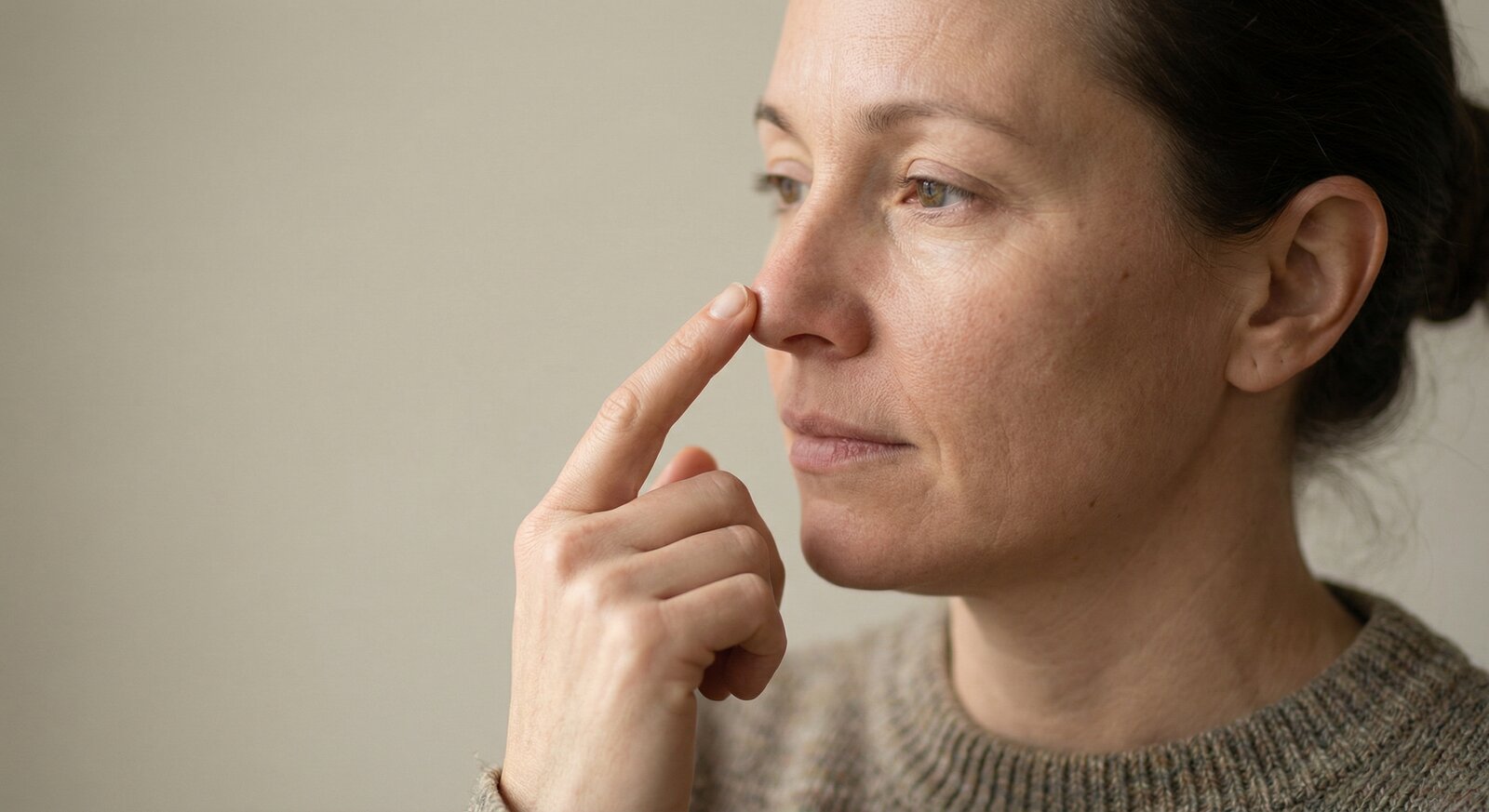 Mulher tocando a ponta do nariz ao considerar tratamento para nariz de batata com cirurgião plástico