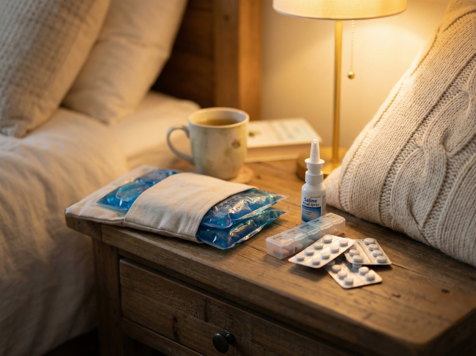 Compressas de gelo, spray nasal e medicamentos usados no pós-operatório da rinoplastia