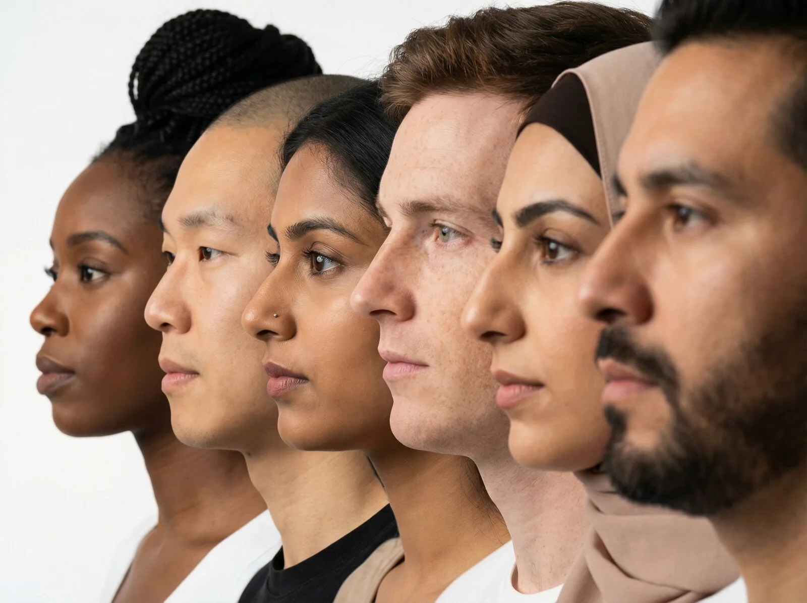 Perfis de pacientes diversos ilustrando rinoplastia étnica e preservação da identidade facial