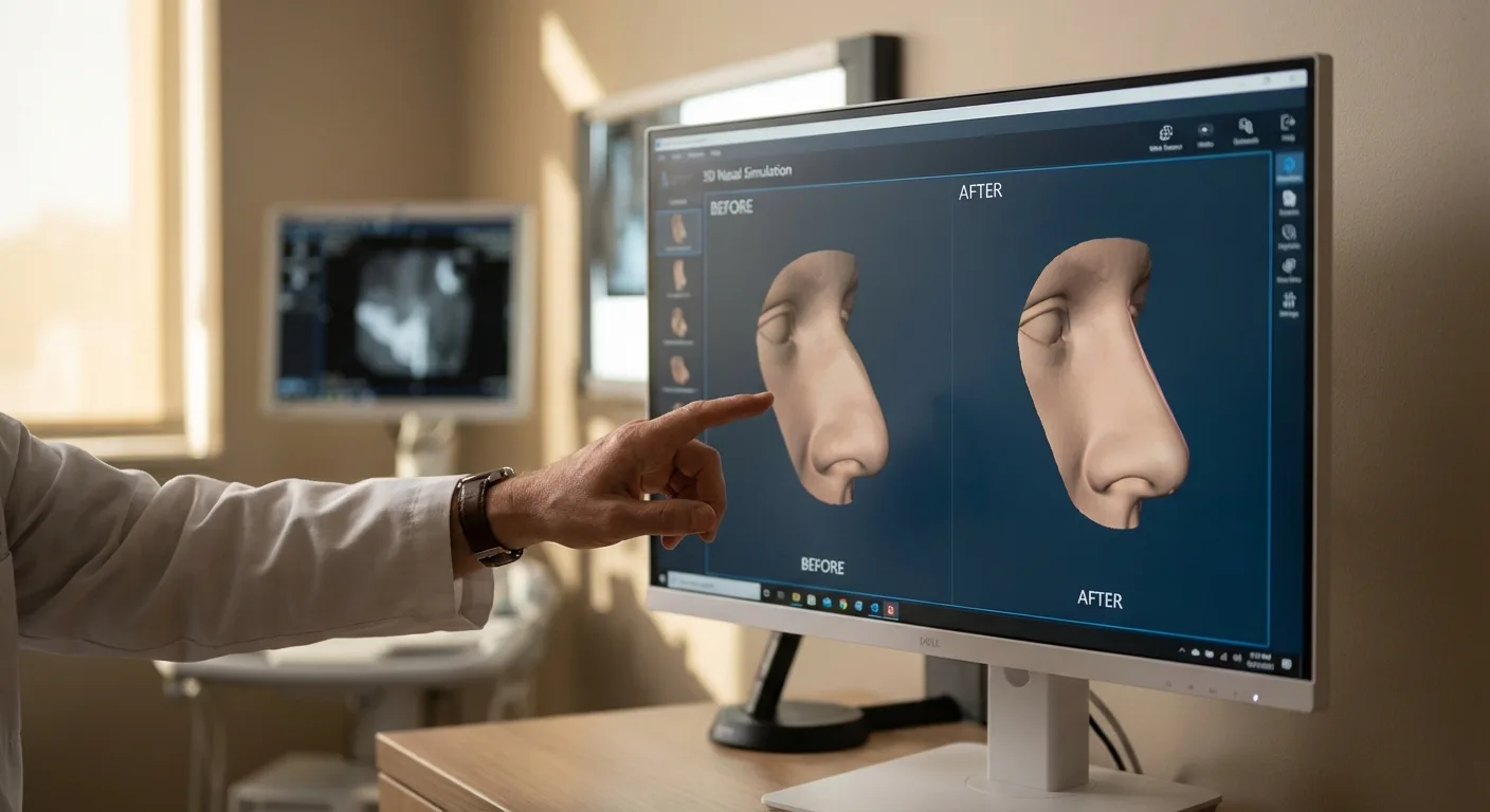 Médico avaliando simulação 3D de rinoplastia para planejamento realista