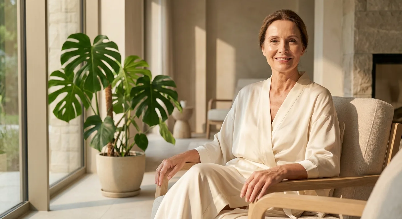 Mulher madura em ambiente acolhedor para tema de menopausa e mudanças íntimas
