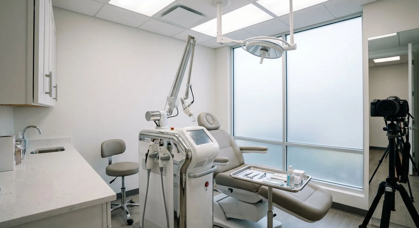 Sala de procedimentos com equipamento para resurfacing facial, dermoabrasão, peeling e laser em Londrina