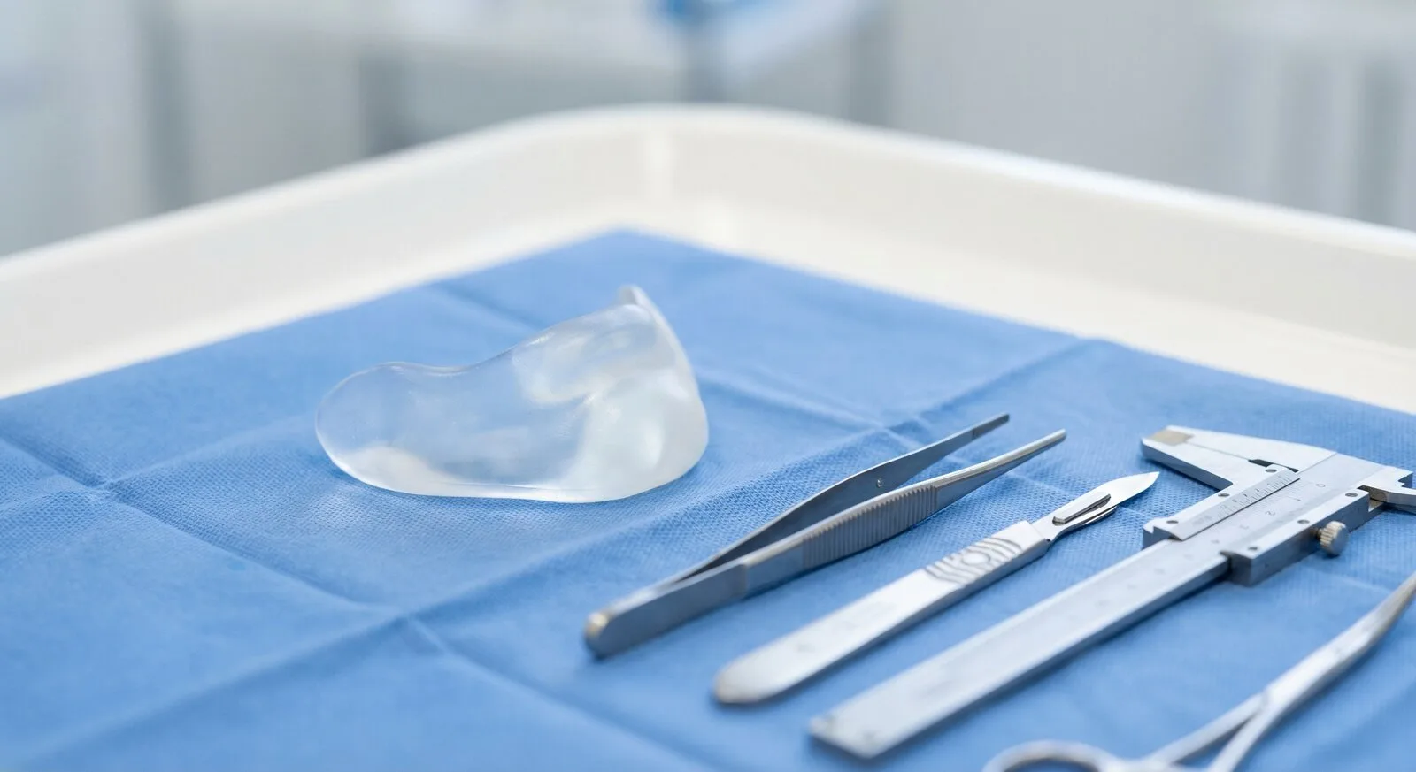 Prótese de silicone mentoniana em campo cirúrgico para planejamento de mentoplastia
