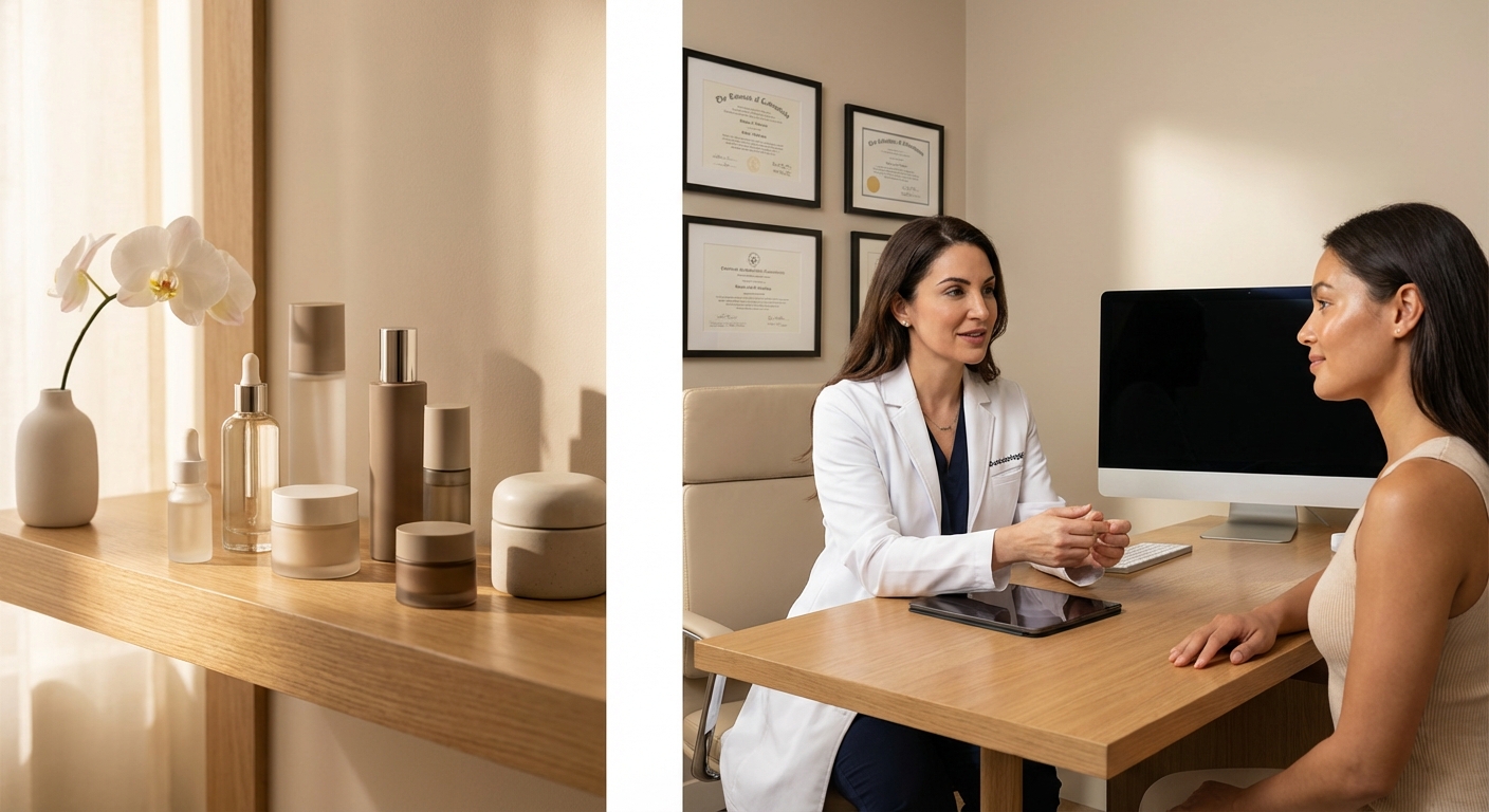 Comparação entre produtos de skincare e consulta com cirurgião plástico para tratar flacidez facial