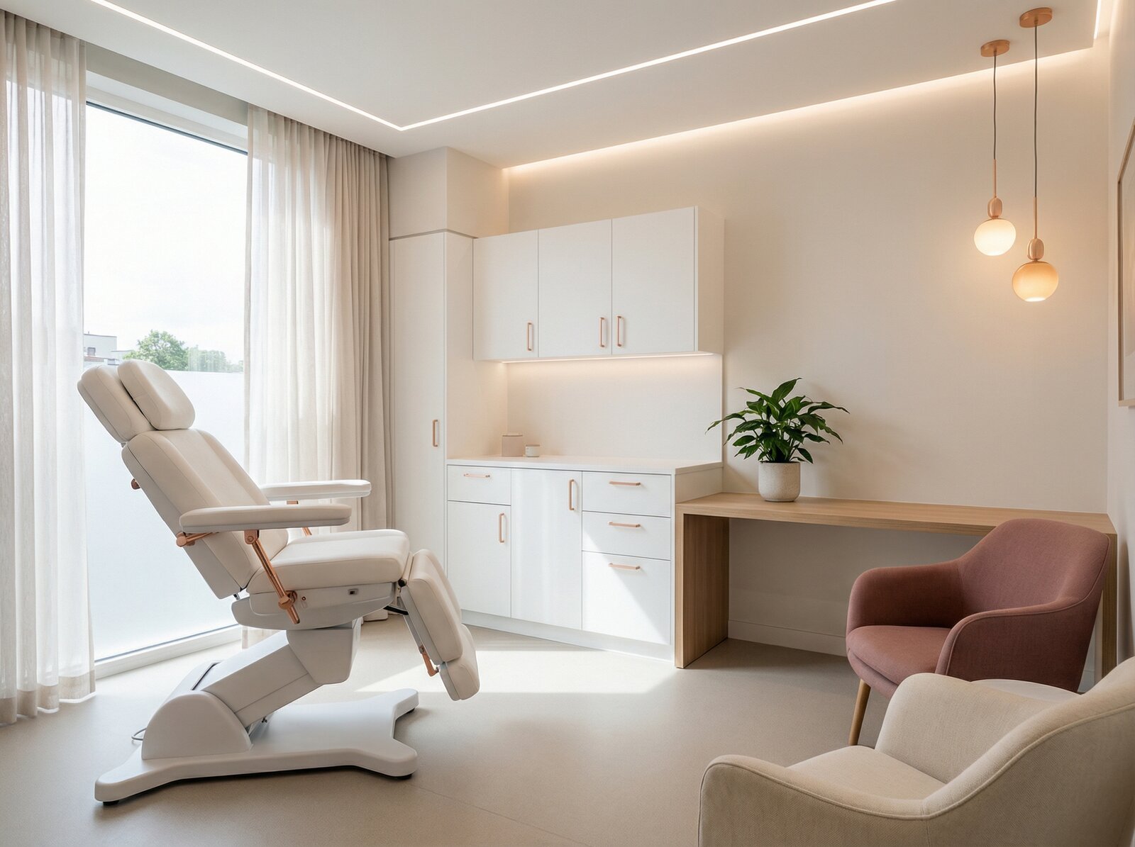 Consultório moderno de cirurgia plástica com poltrona para procedimentos de rejuvenescimento íntimo