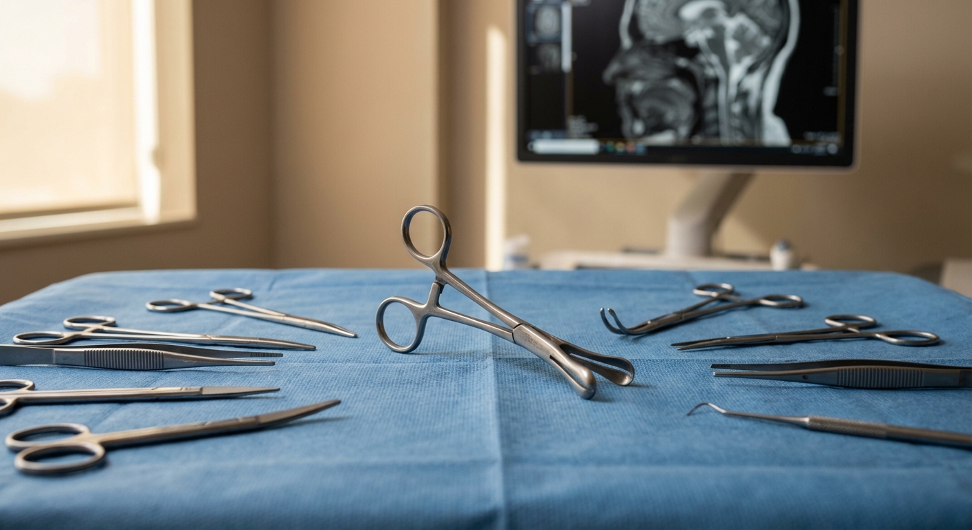 Instrumentos cirúrgicos de rinoplastia organizados sobre campo azul com tomografia nasal ao fundo