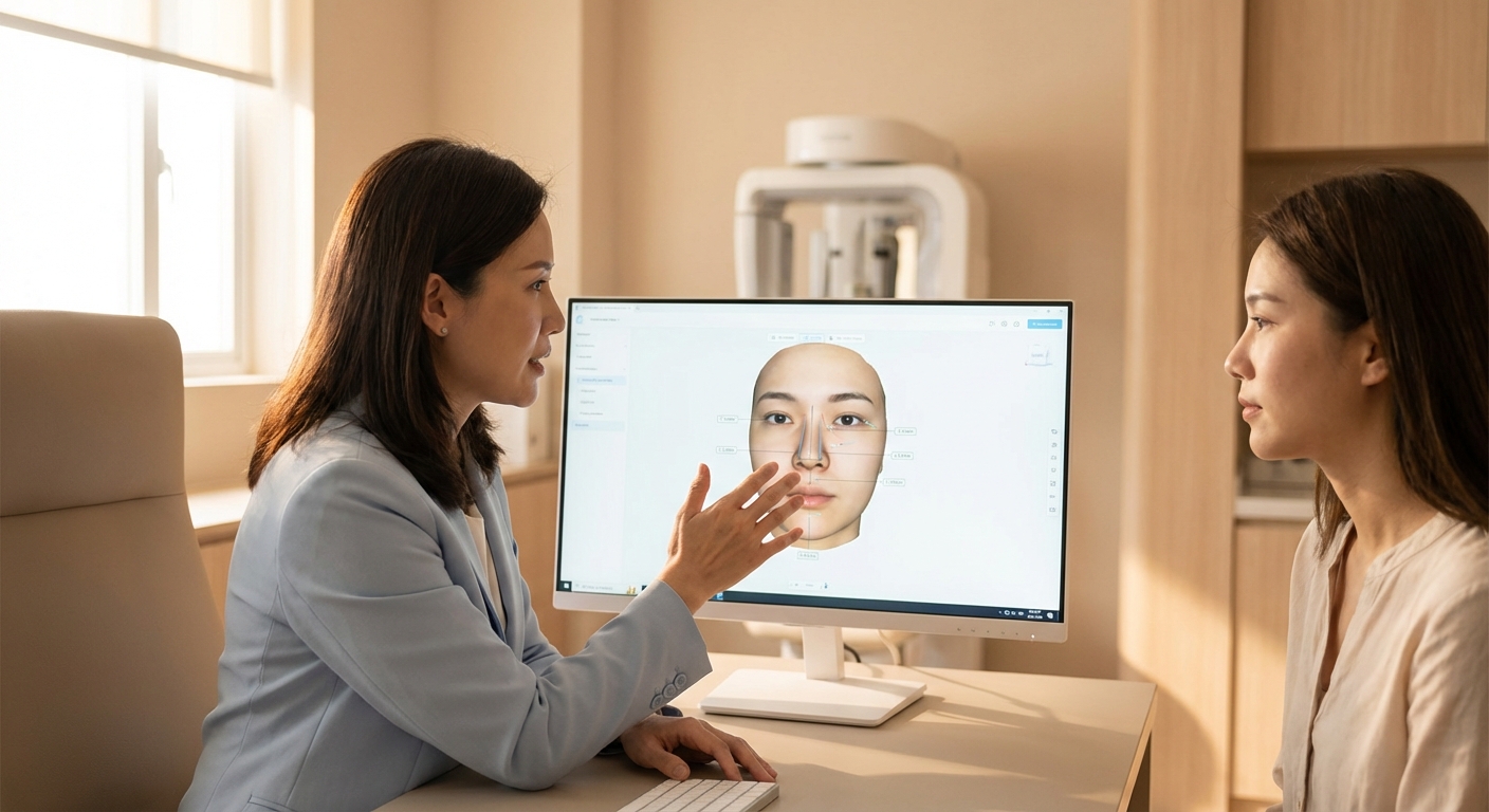 Cirurgiã explicando planejamento de rinoplastia combinada com queixo e face em tela 3D