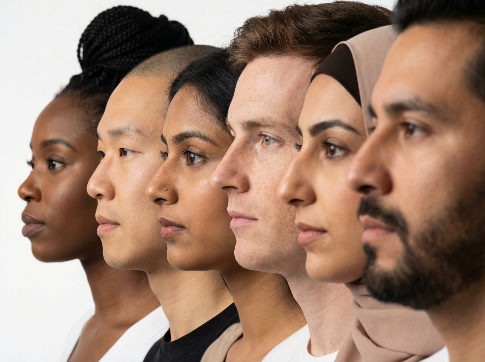 Perfis de pessoas de diversas etnias ilustrando a importância da rinoplastia étnica personalizada