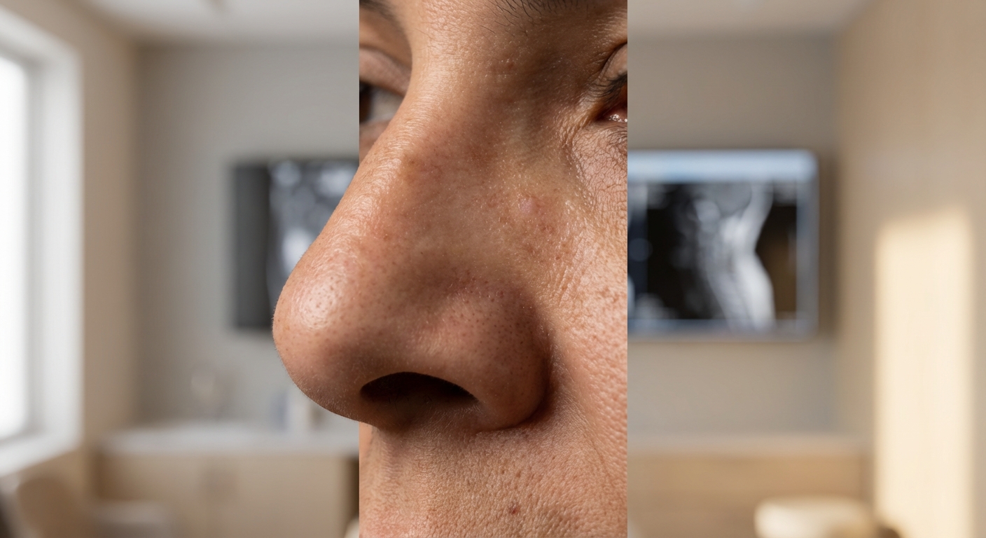 Close de nariz com pele grossa e poros visíveis, ilustrando desafios da rinoplastia em pele espessa