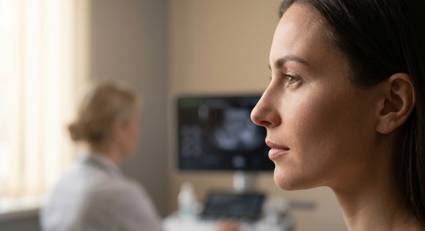 Perfil lateral do nariz feminino em consultório, ilustrando rinoplastia sem cirurgia com preenchimento