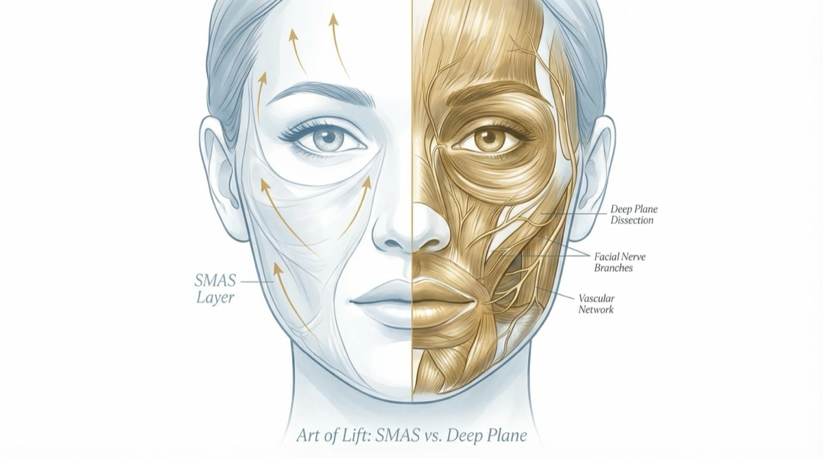 Ilustração médica comparando técnicas de lifting facial Deep Plane e SMAS