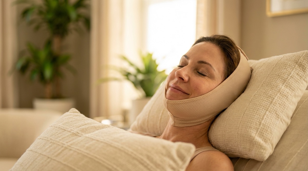 Dor pós-operatório lifting facial - recuperação confortável com faixa compressiva