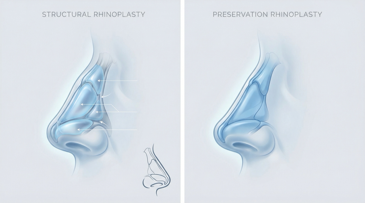 Ilustração comparando rinoplastia estrutural e rinoplastia de preservação