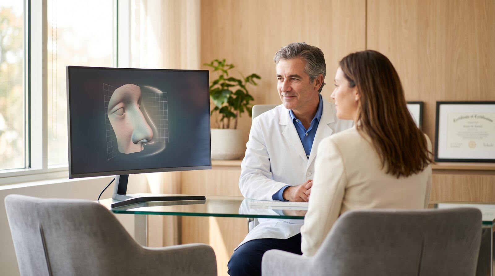 3D rhinoplasty simulation: what it can and cannot show Surgeon and patient reviewing a single 3D nasal model during rhinoplasty planning