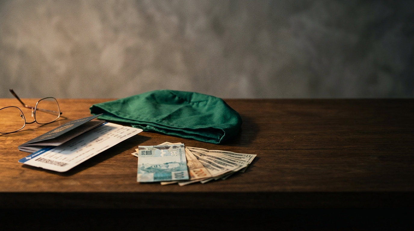 Passaporte, cartao de embarque, gorro cirurgico e notas de real e dolar sobre mesa de madeira escura